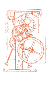 Orange technical schematic drawing of a historical clockwork mechanism with gears and pendulum.