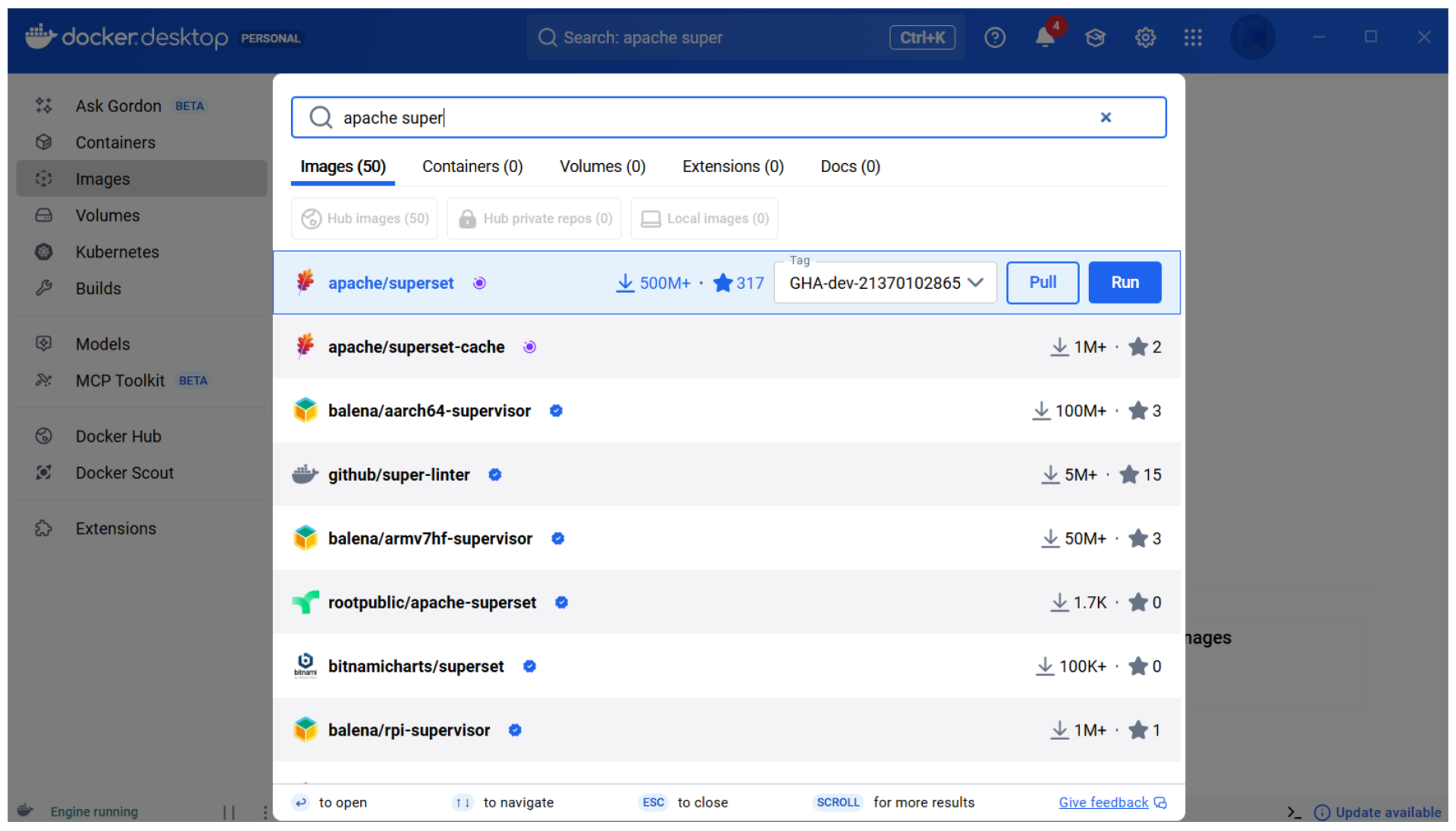 Docker Desktop search for "apache superset" displaying image results.