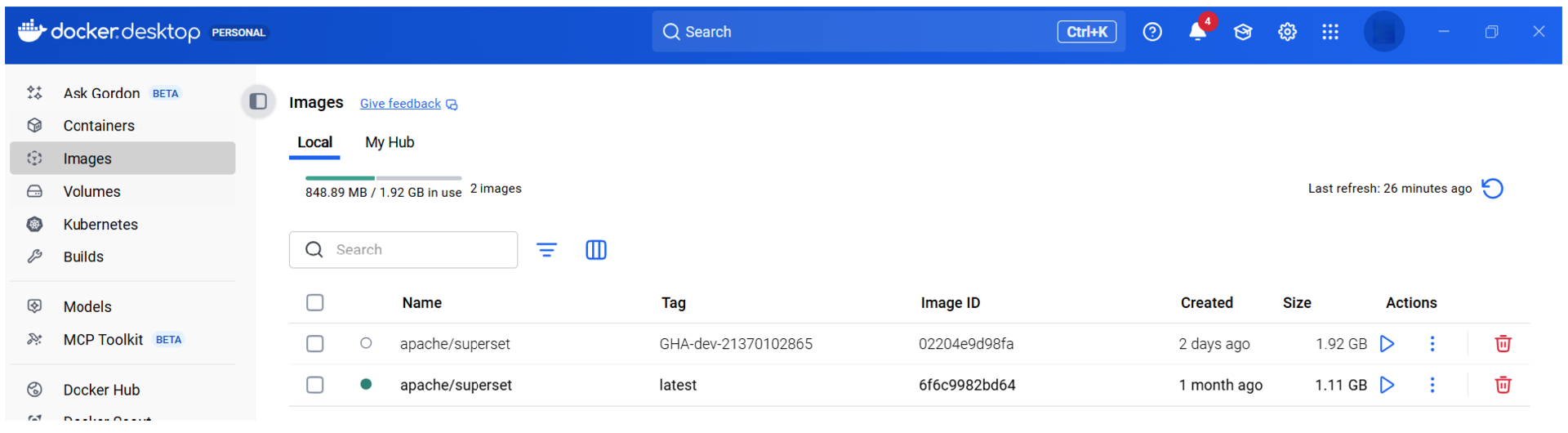 Docker Desktop Images screen showing two Apache Superset images, their tags, IDs, creation dates, sizes, and actions.