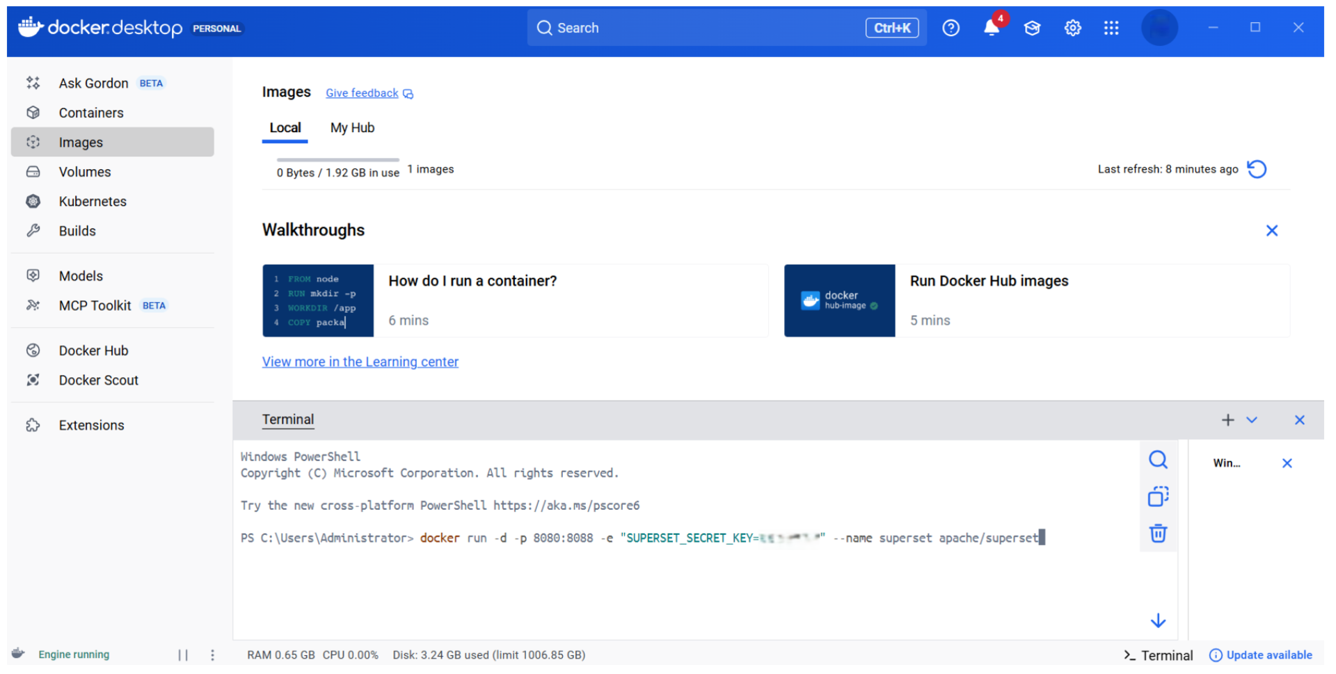 Docker Desktop interface showing Images section, walkthroughs, and PowerShell terminal with `docker run` command.