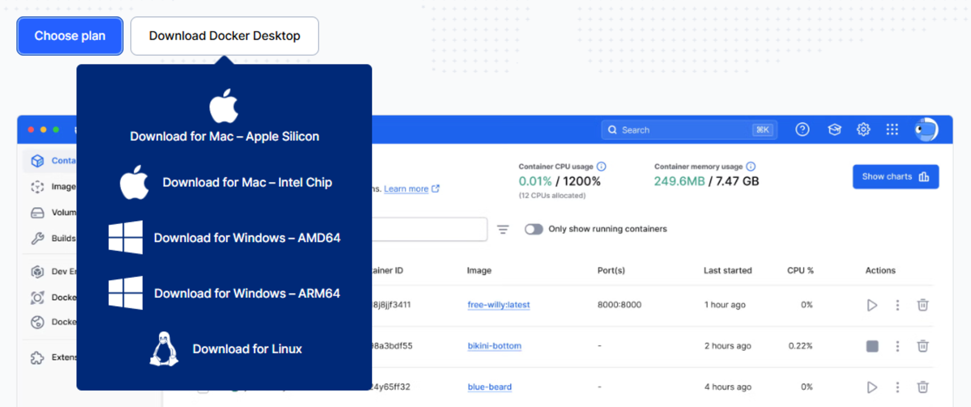 Dropdown menu for downloading Docker Desktop for Mac, Windows, and Linux.
