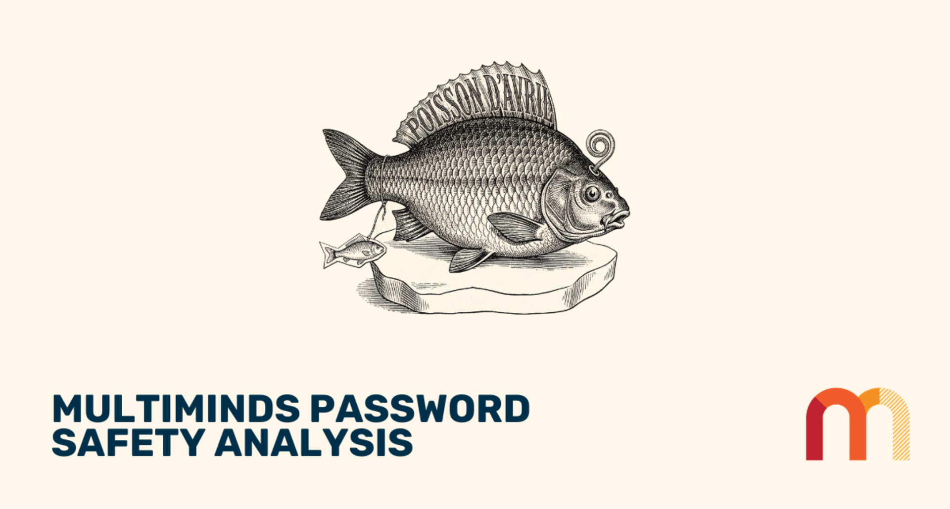 Engraving of a large fish with "POISSON D'AVRIL" on its dorsal fin, a hook in its mouth, and a small fish hanging off its tail.