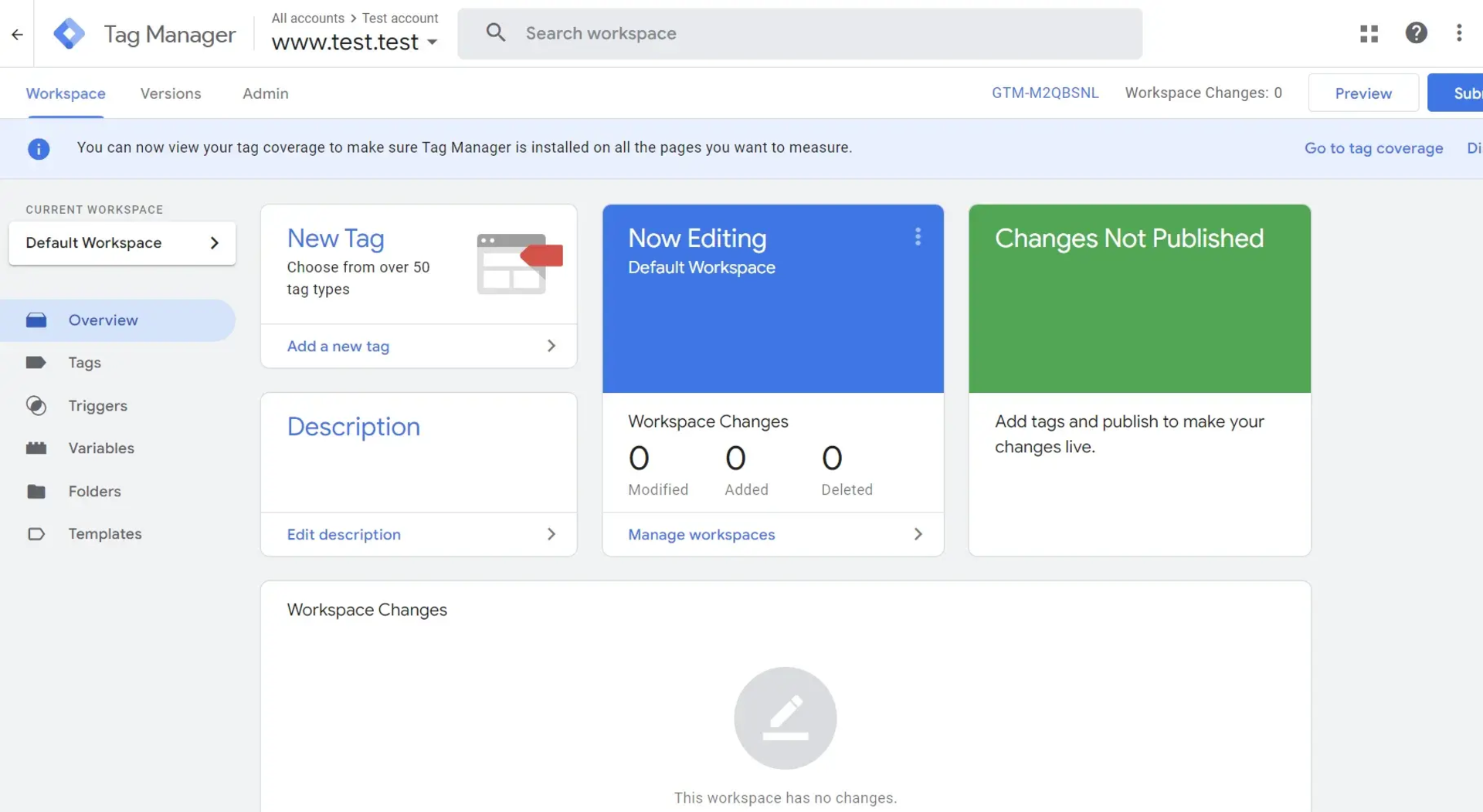 Google Tag Manager interface showing workspace overview, new tag options, and unpublished changes.