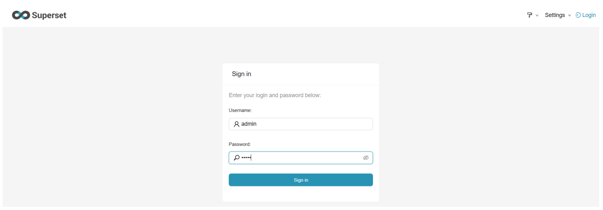 Login page for Superset, displaying username and password input fields.