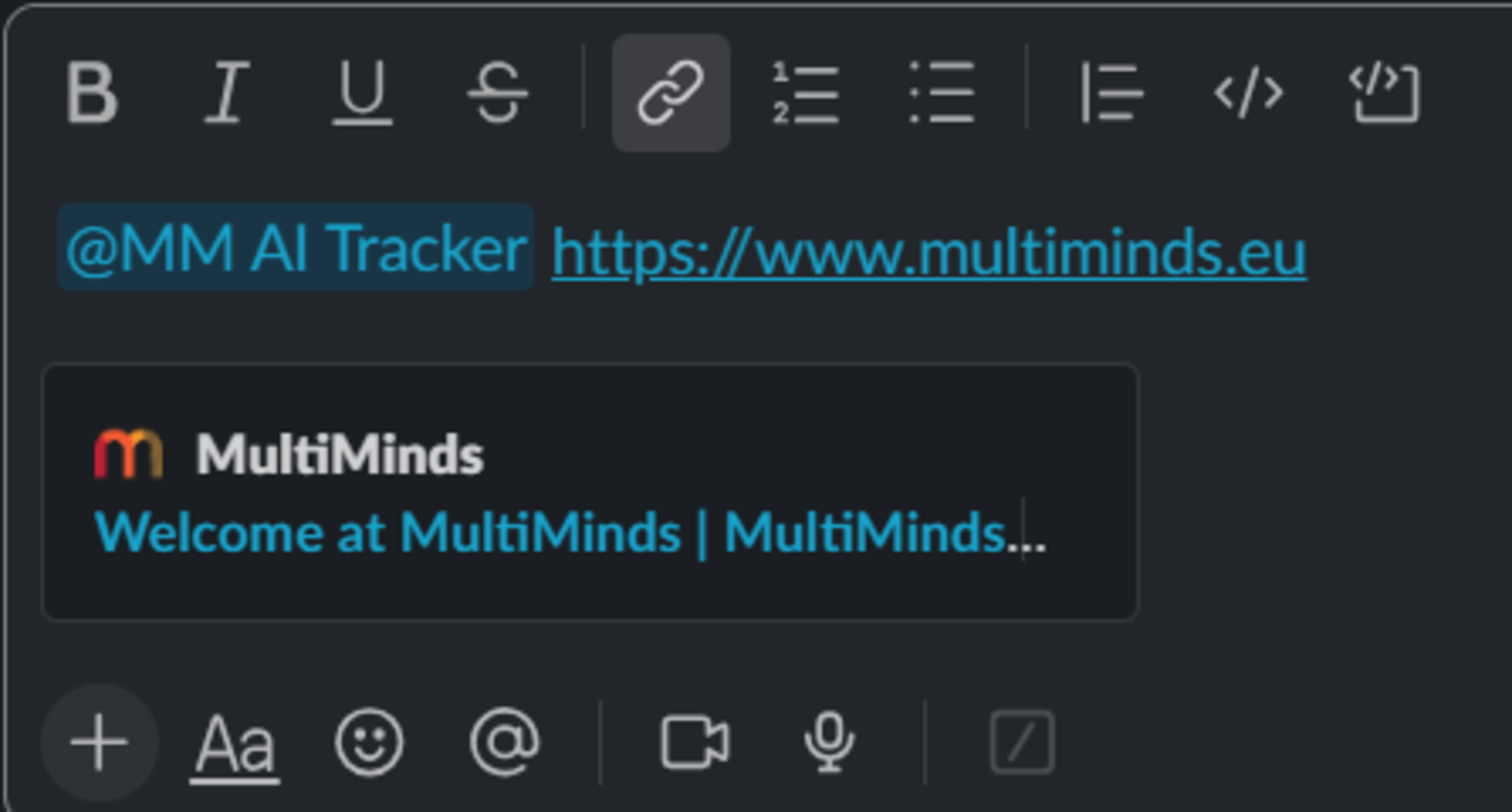 Link preview for multiminds.eu displayed in a message compose box.