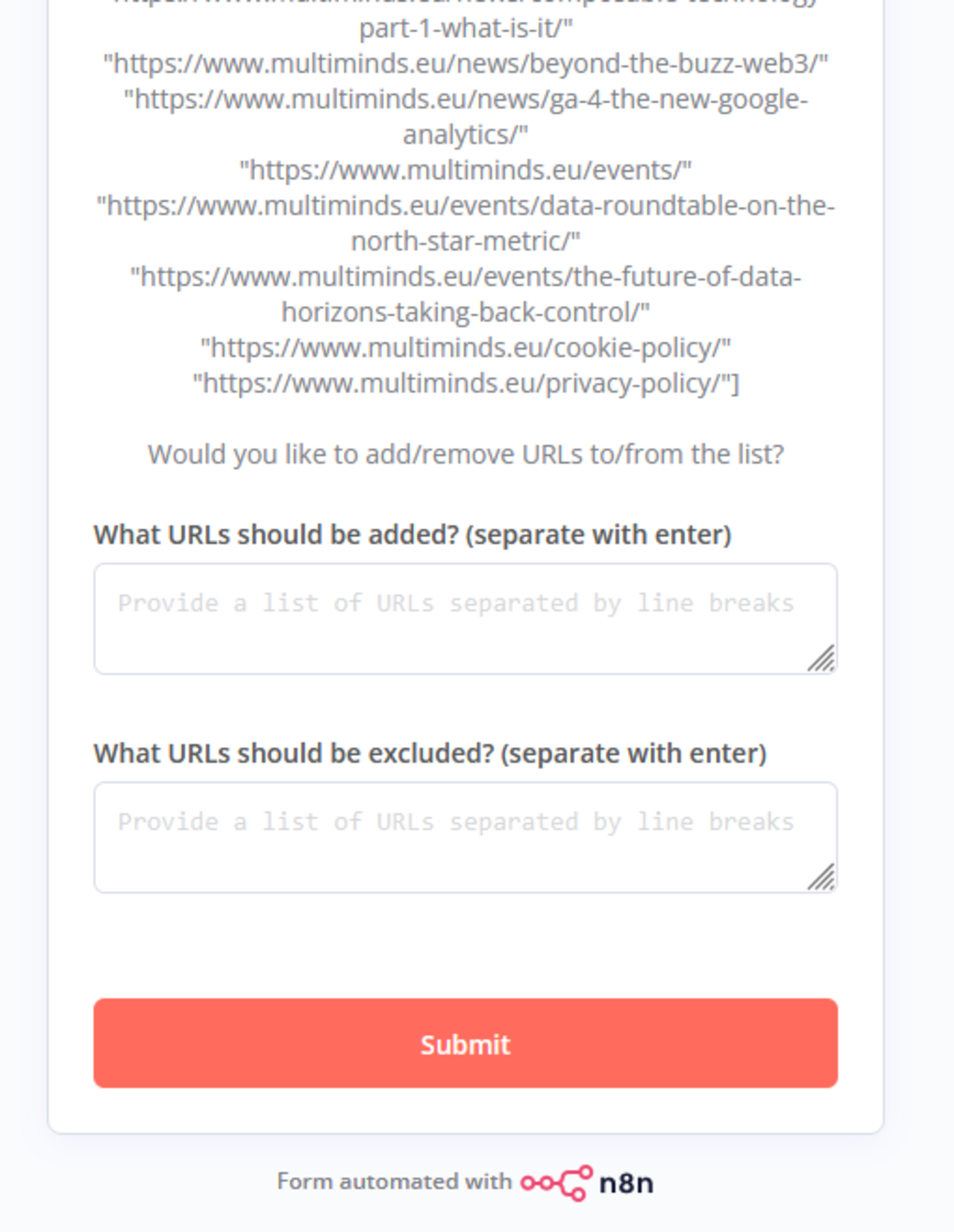 Form for managing URLs, including options to add or exclude URLs from a predefined list.