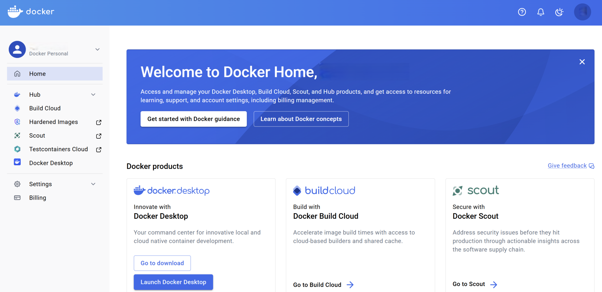 Docker Home dashboard showcasing products: Desktop, Build Cloud, and Scout, with navigation and a welcome banner.