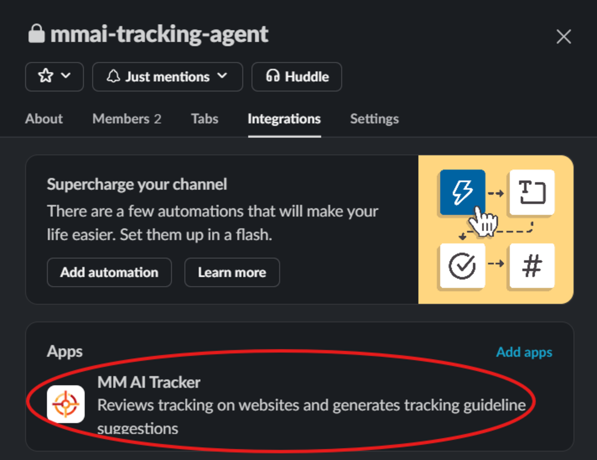 Slack channel integrations with "MM AI Tracker" highlighted, an app providing tracking guideline suggestions.