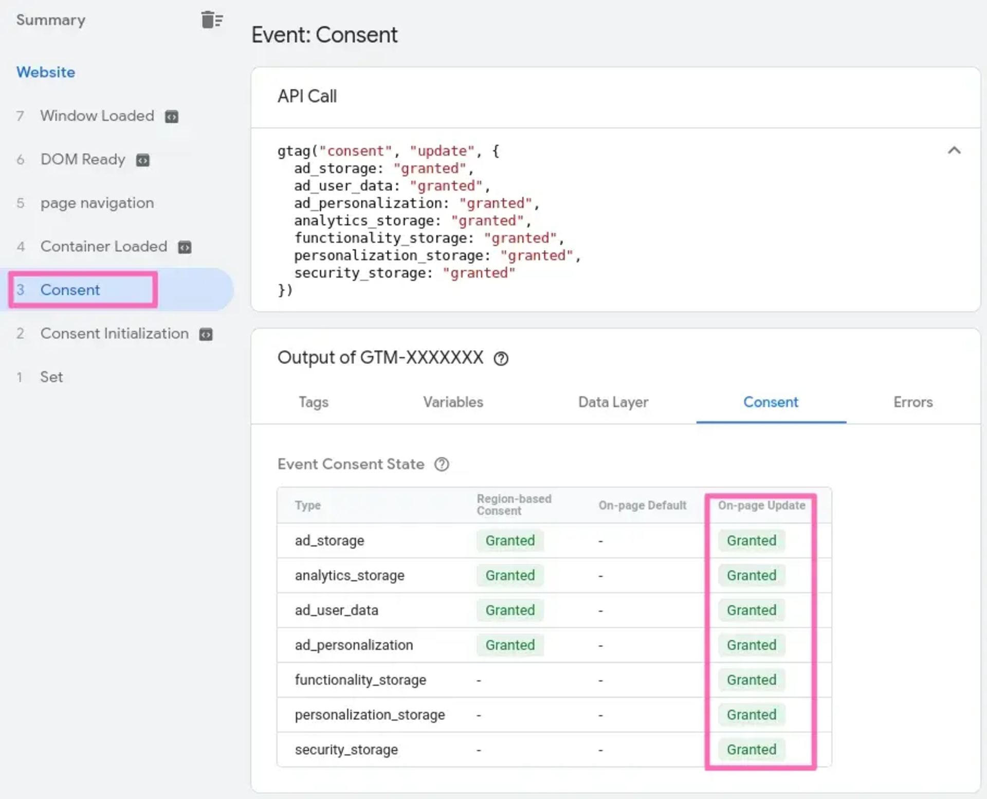 GTM consent settings showing "granted" for all update statuses.