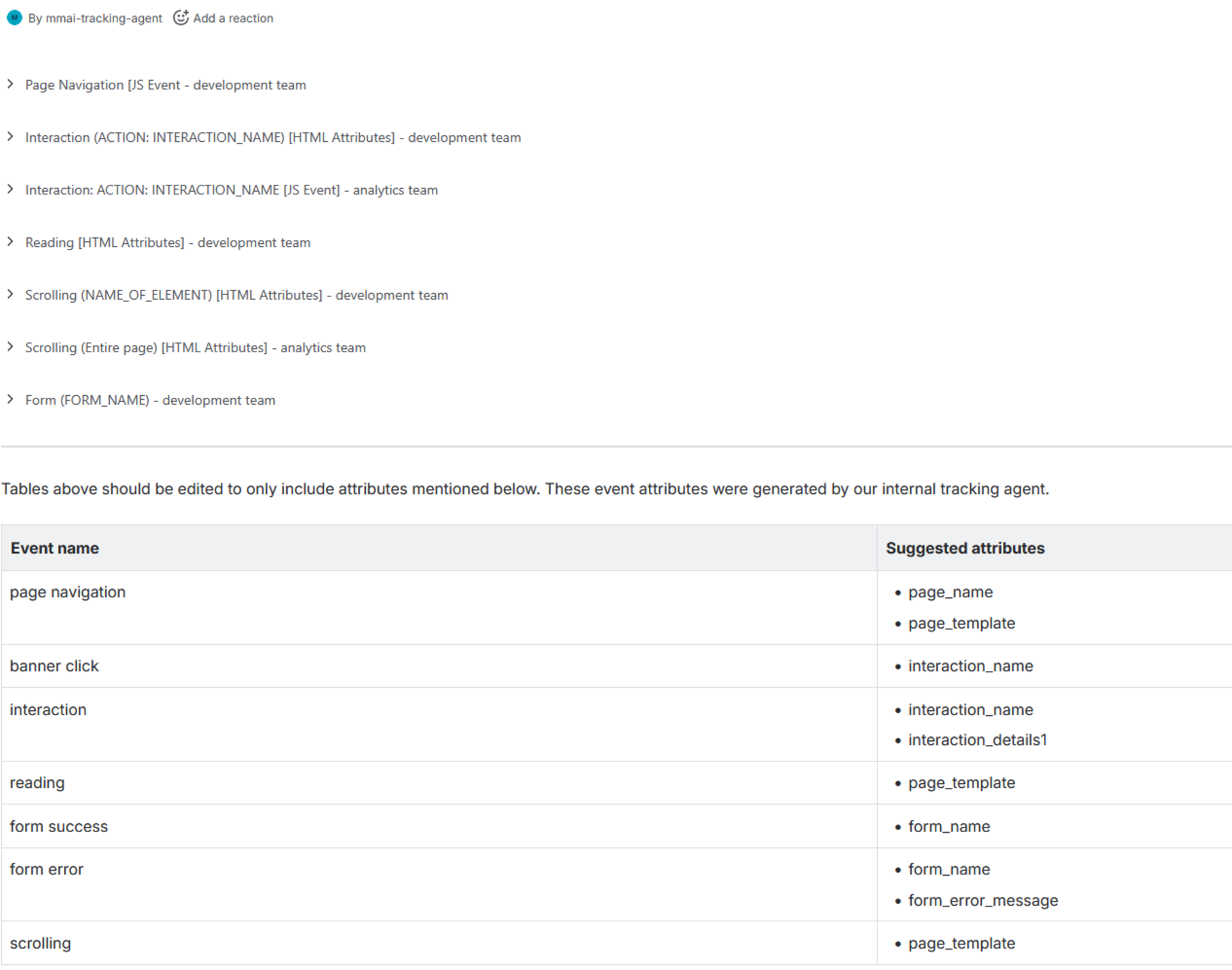 Data tracking events list with event names (page navigation, banner click, interaction, reading, form success, form error, scrolling) and suggested attributes for each.