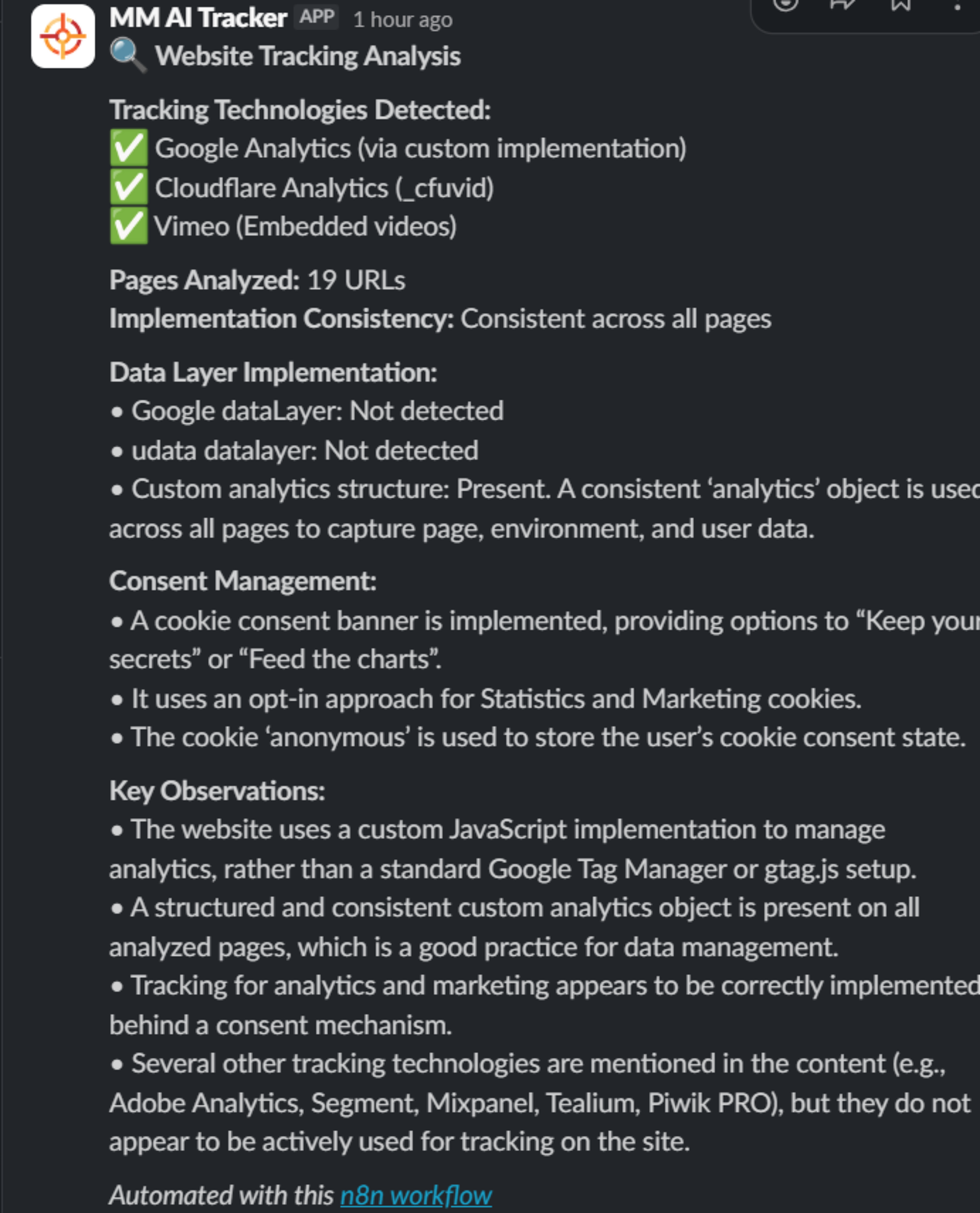 Website tracking analysis report showing detected technologies, data layer, consent, and key observations.