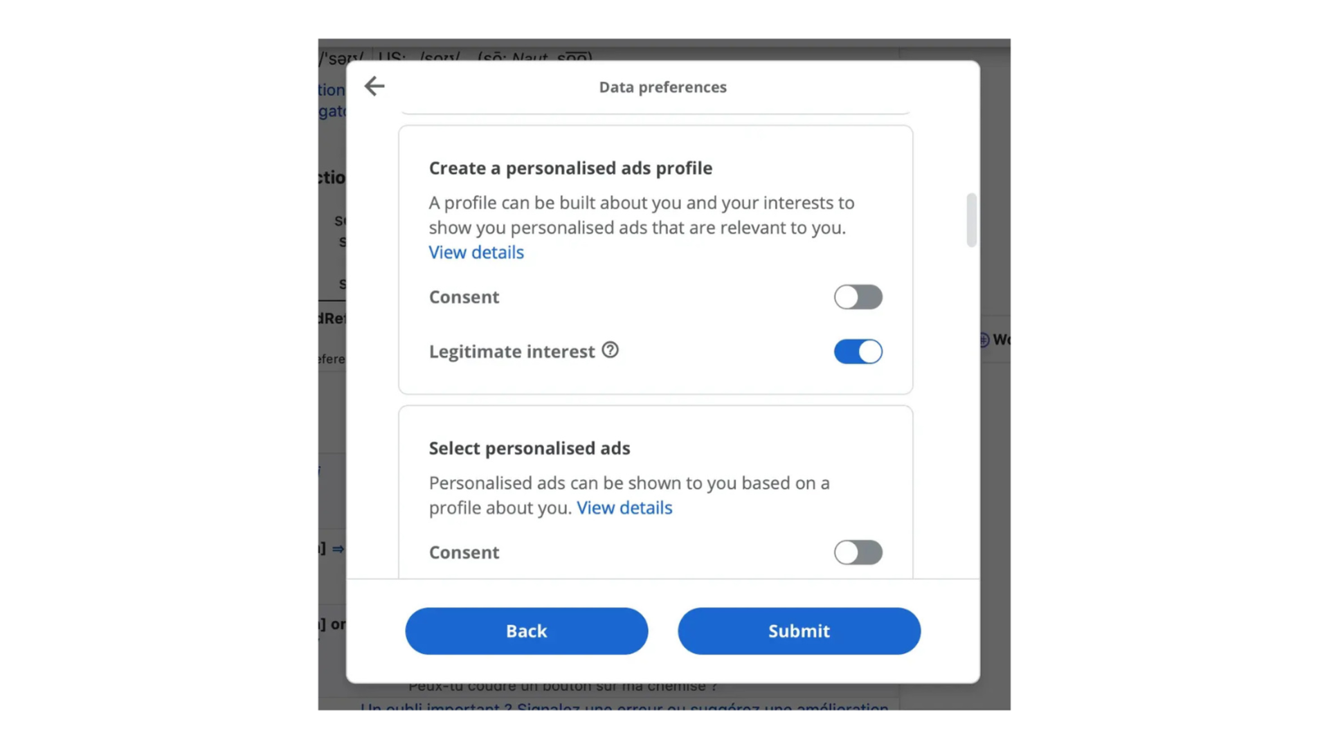 Data preferences dialogue with options for personalized ad profiles and ad selection, featuring consent toggles and Back/Submit buttons.