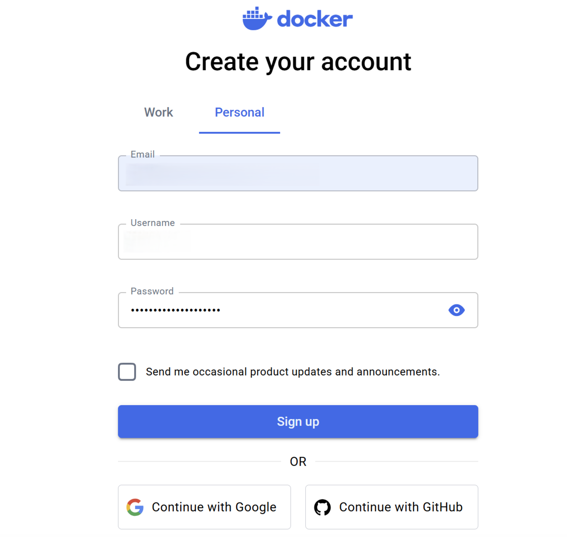 Docker account creation page with fields for email, username, password, and sign-up options via Google or GitHub.