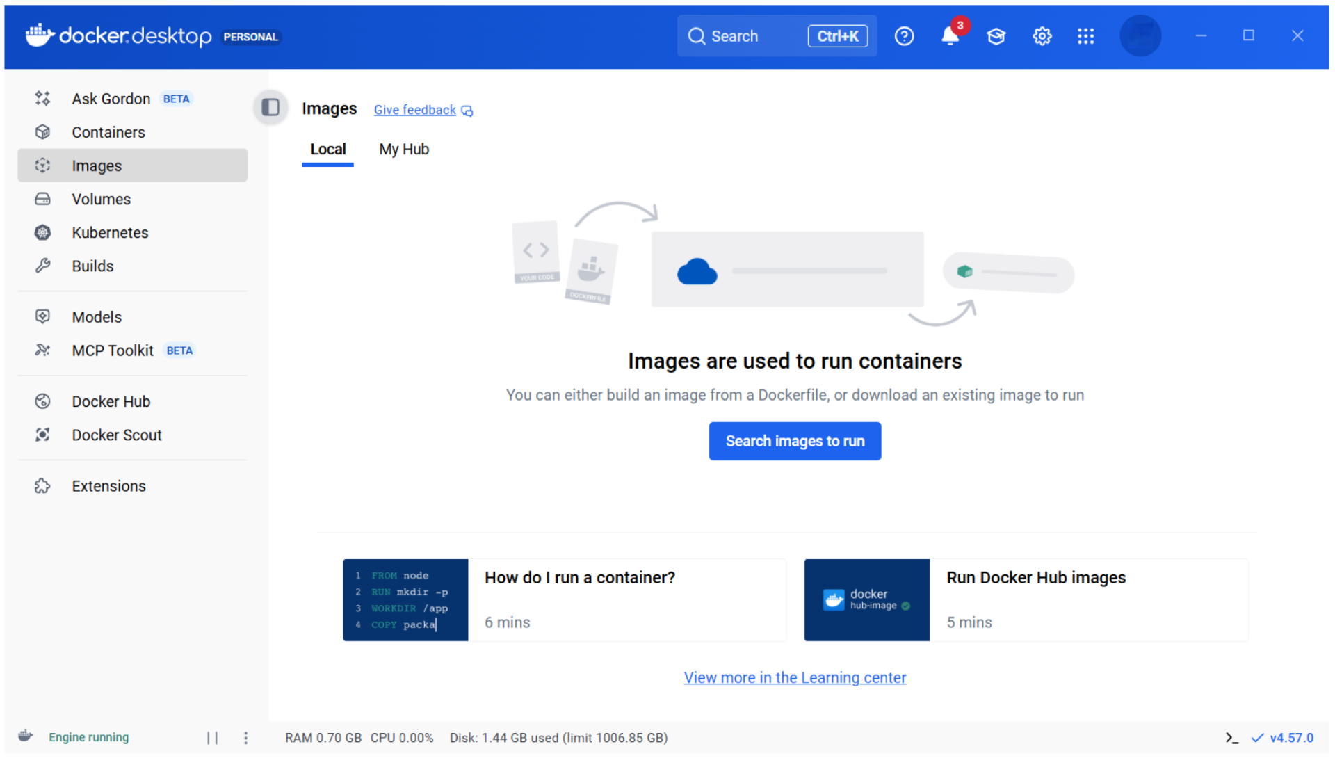 Docker Desktop UI showing the "Images" section, with options to search, build, or download container images.