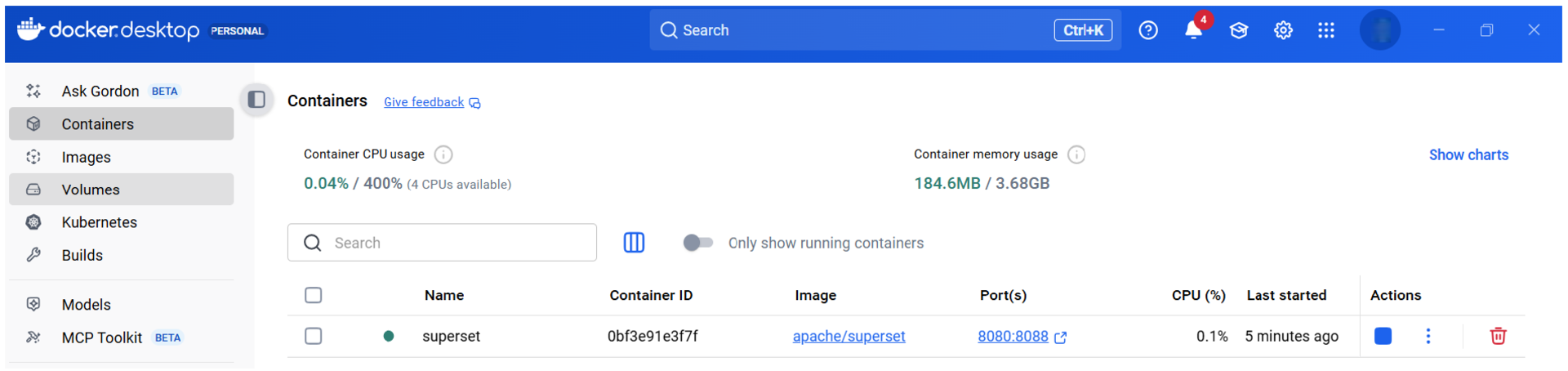 Docker Desktop interface displaying container list with "Containers" highlighted, showing CPU and memory usage, and a running container named "superset."
