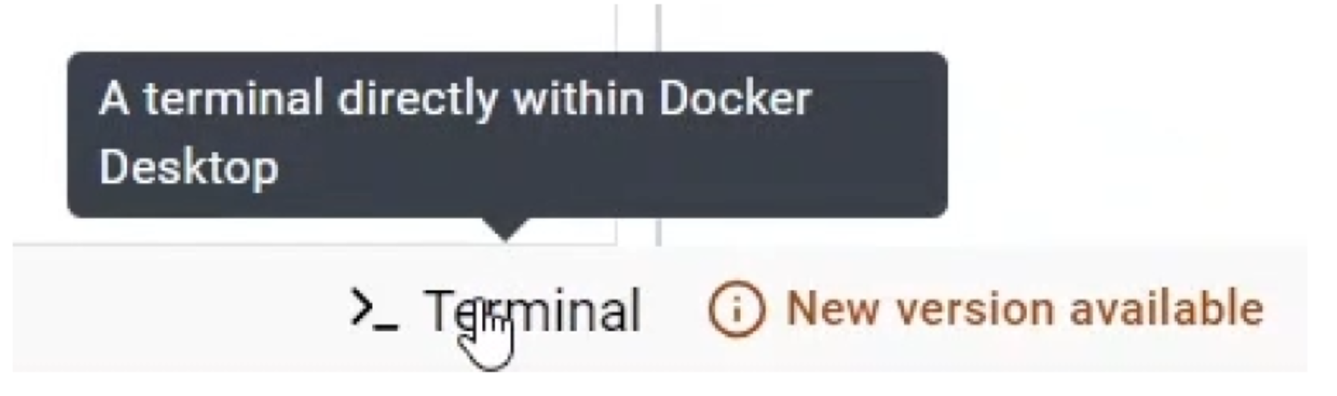 User interface showing a Docker Desktop terminal with a "New version available" notification.