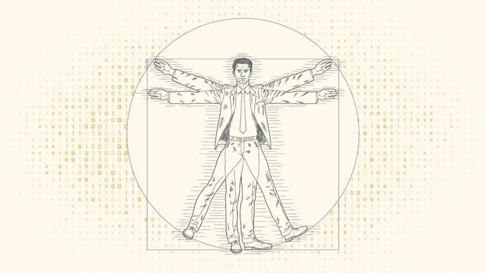 Vitruvian Man in business attire, superimposed over binary code, symbolizing technology and human integration.