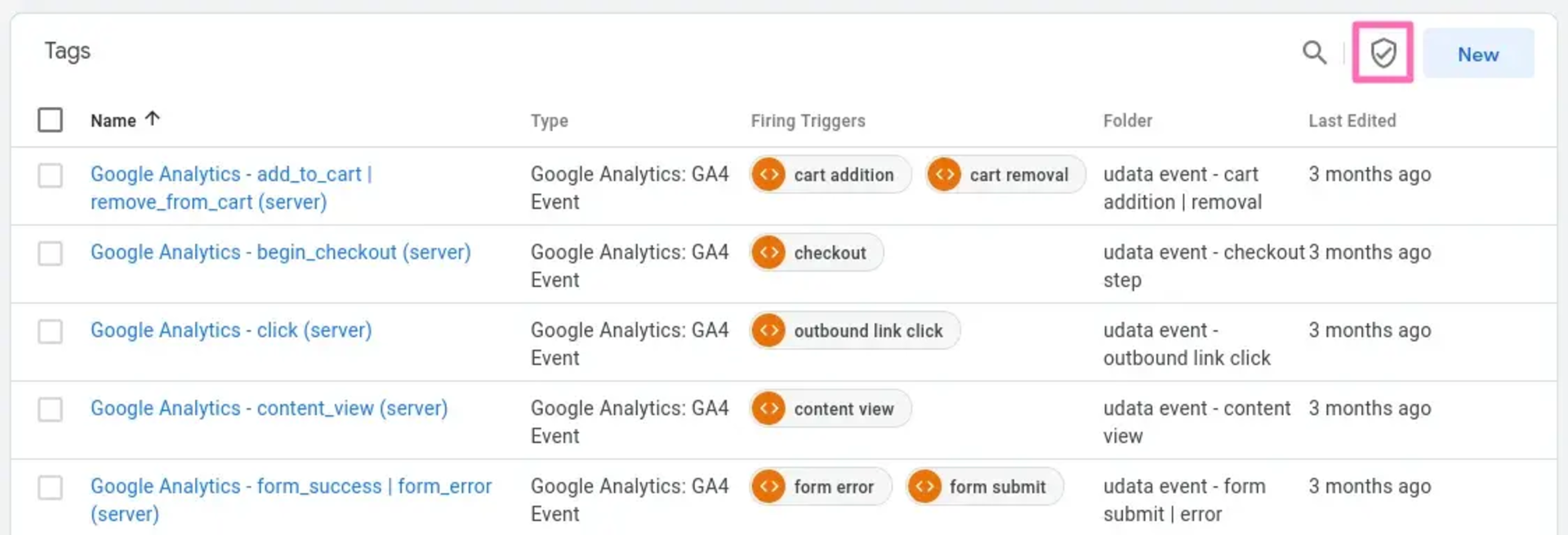 Google Tag Manager tags list, including GA4 events, firing triggers, folders, and last edited dates.