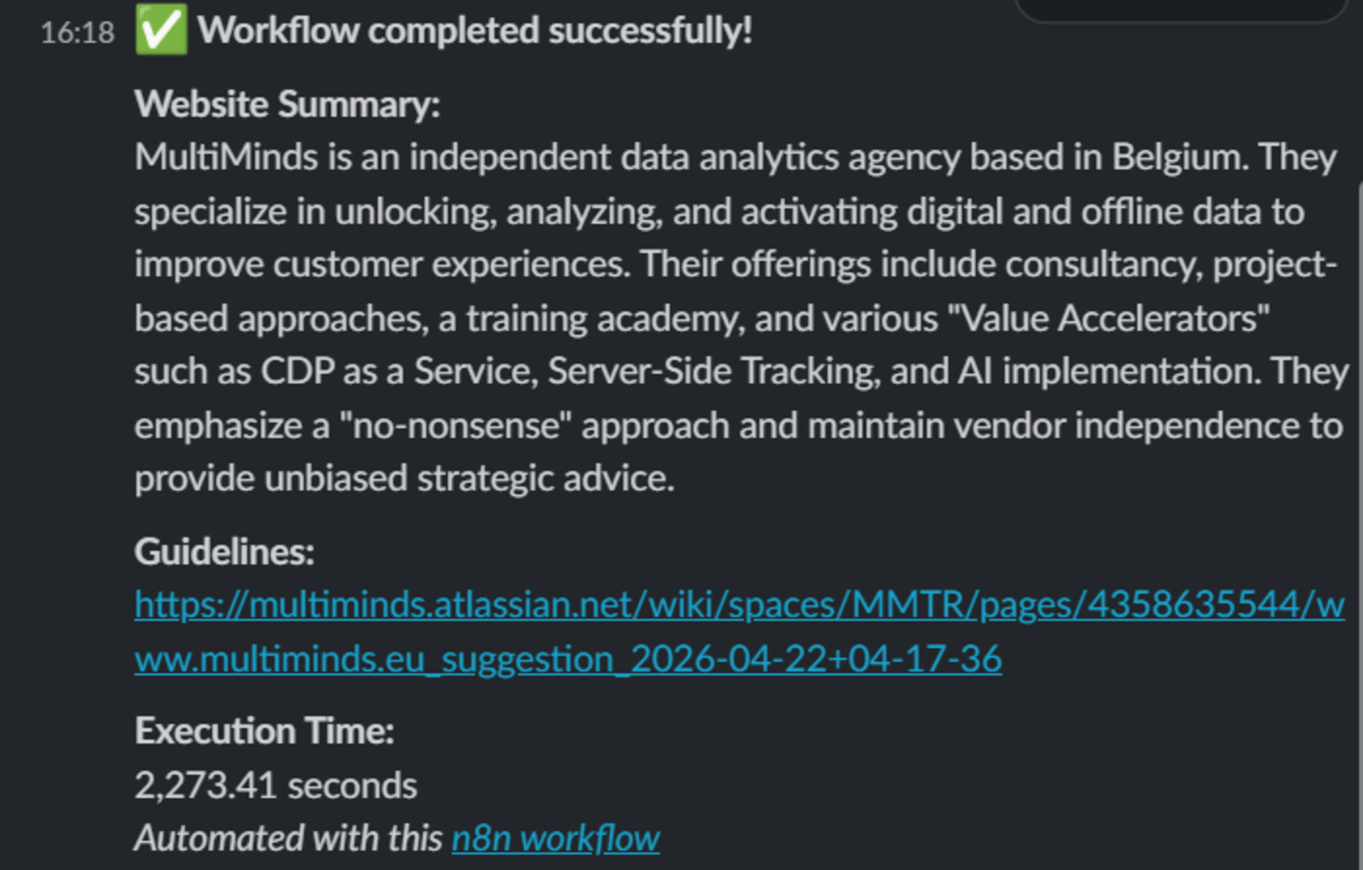 Screenshot showing a successful workflow completion notification with a website summary and execution details.