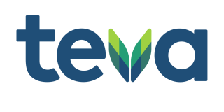 Teva logo: lowercase blue text with green leaf design for the "v".