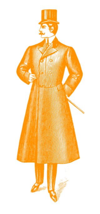 Orange vintage illustration of a Victorian gentleman in a top hat and a long coat.
