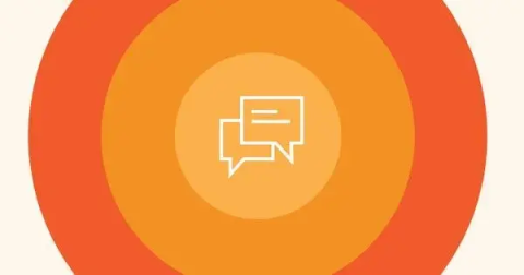 Two white outline speech bubbles centered on concentric orange and yellow circles.