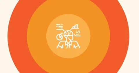 Icon of a person with data visualization elements like charts and graphs surrounding their head, indicating data analysis.