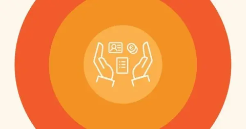 Hands protecting identity card, document, and euro coins on a radiating orange background.