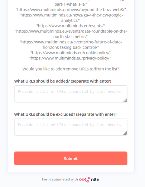 Form for managing URLs, including options to add or exclude URLs from a predefined list.