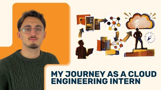 Young man with glasses and cloud engineering internship journey graphic.