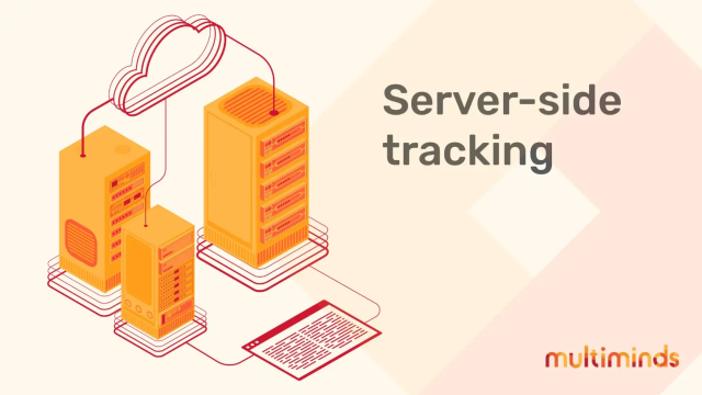 Server-side tracking illustration: cloud connected to servers, receiving data from a browser window.