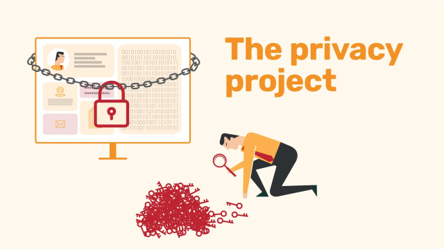 Man with magnifying glass searching keys to unlock data on a chained computer screen, illustrating data privacy.