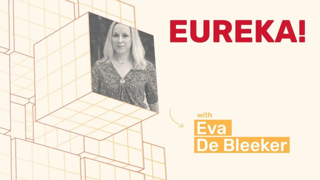 Eva De Bleeker in a grid of 3D cubes next to "EUREKA!"