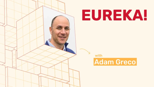 Adam Greco smiling, with "EUREKA!" and "with Adam Greco" text on a cream background with grid cubes.
