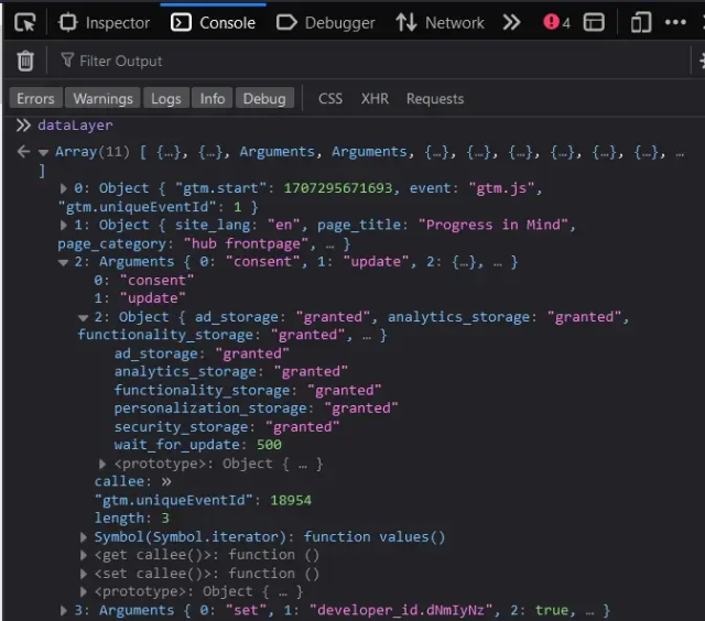 Browser console displaying dataLayer contents, including consent and storage status.
