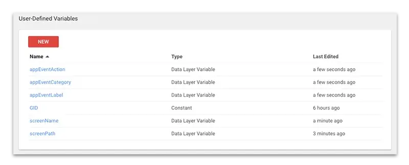 GTM screenshot, list of variables