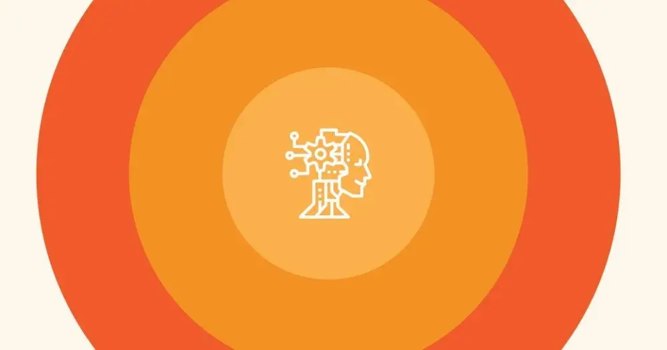AI head with circuitry brain and gear, on concentric orange and yellow circles.